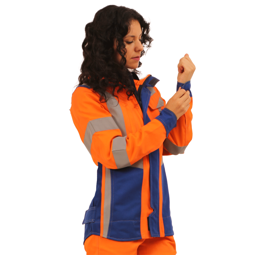CHAQUETA IGNIFUGA ANTIESTATICO RISK CURRENT H.V. 11 CAL/CM2 NARANJO AZULINO DAMA - Imagen 2